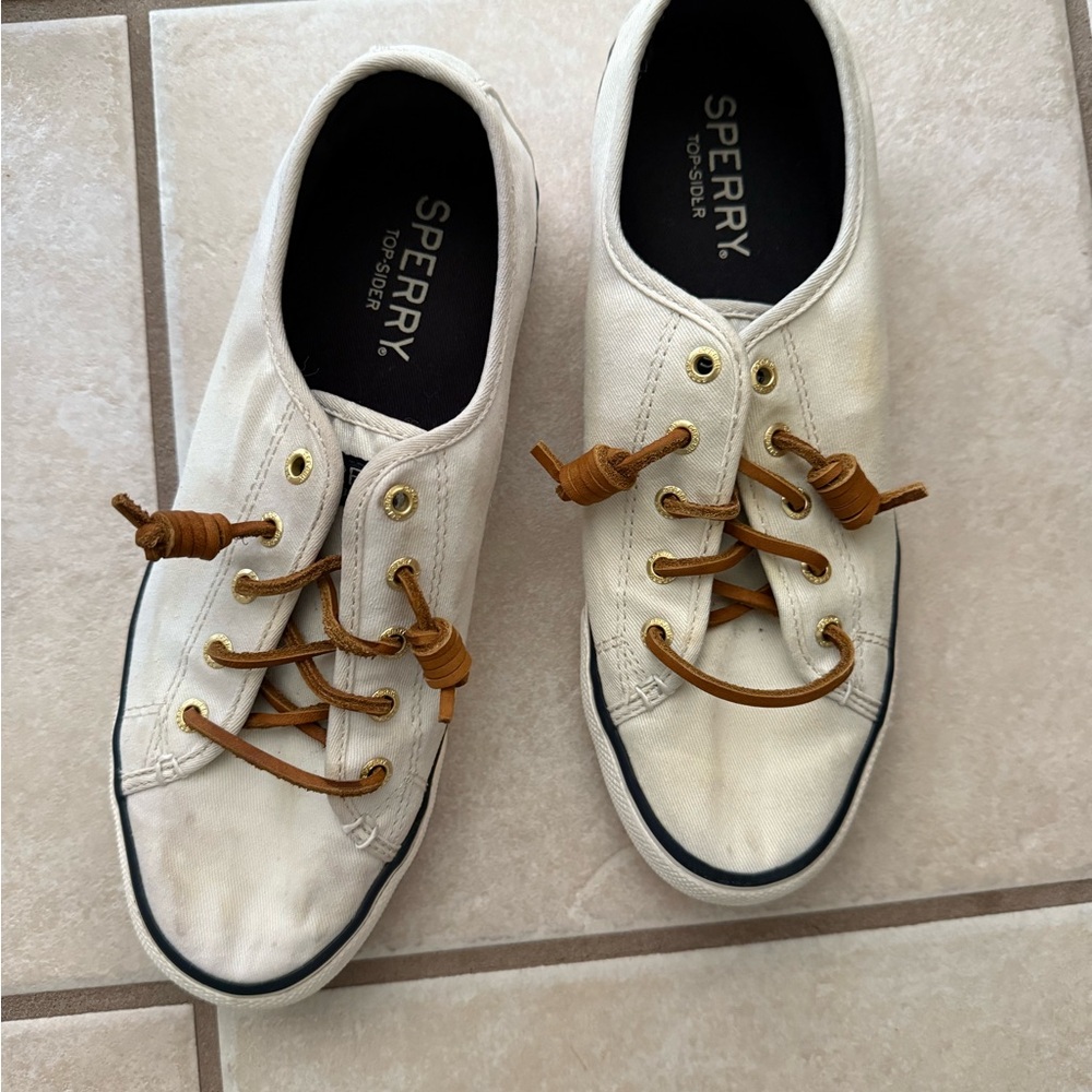 Sperry White Canvas Sneakers with Brown Laces
